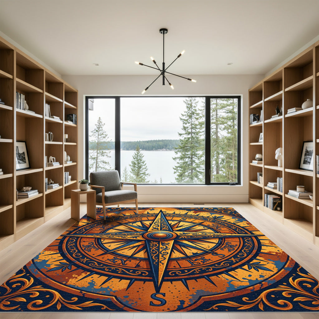 Nautical Orange Blue Compass Rose Rug