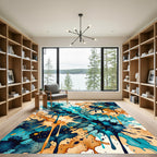 Vibrant Turquoise and Gold Ink Splash Rug