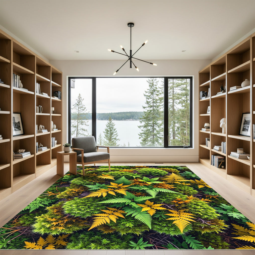 Lush Golden Fern and Moss Forest Rug