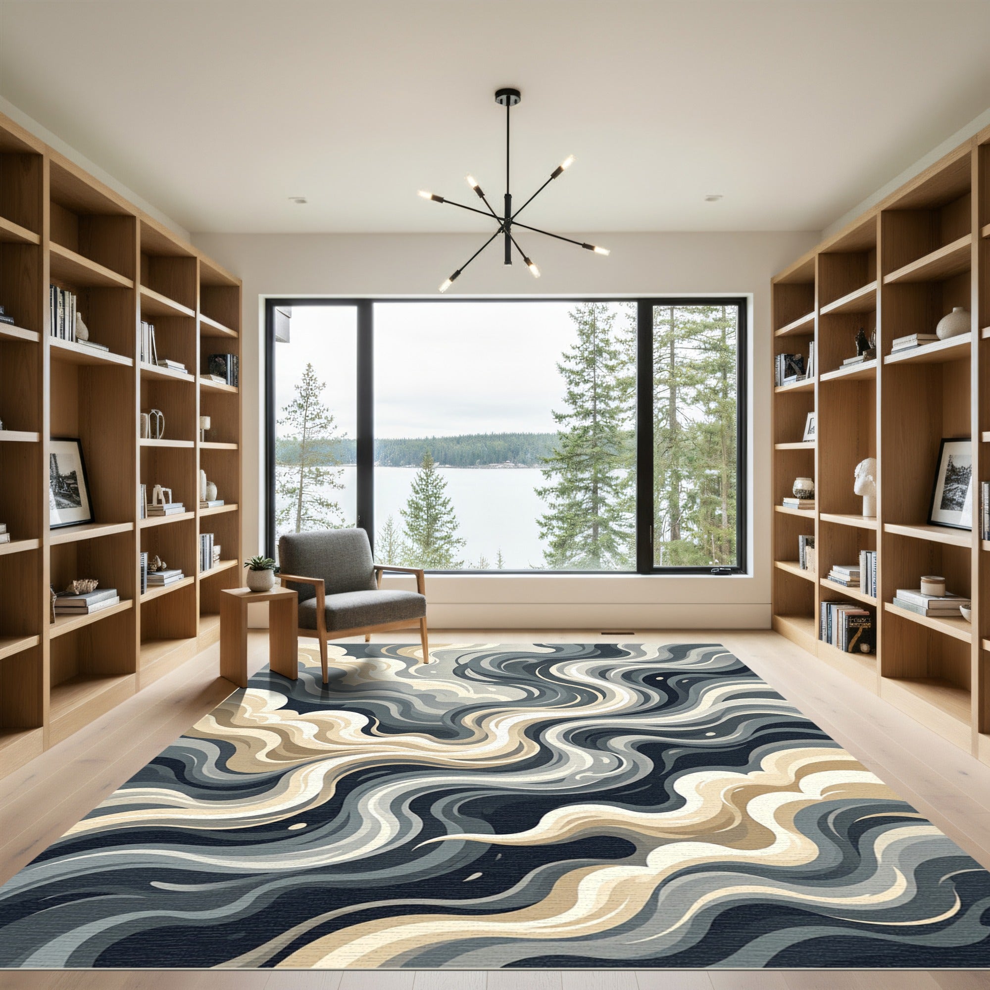 Modern Abstract Gray and Beige Swirl Rug