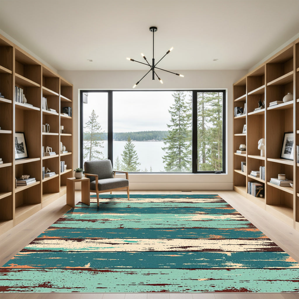 Distressed Teal Wood Grain Stripe Rug