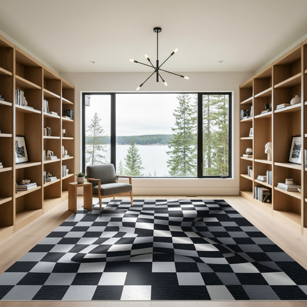 Modern Distorted Black White Checkered Rug