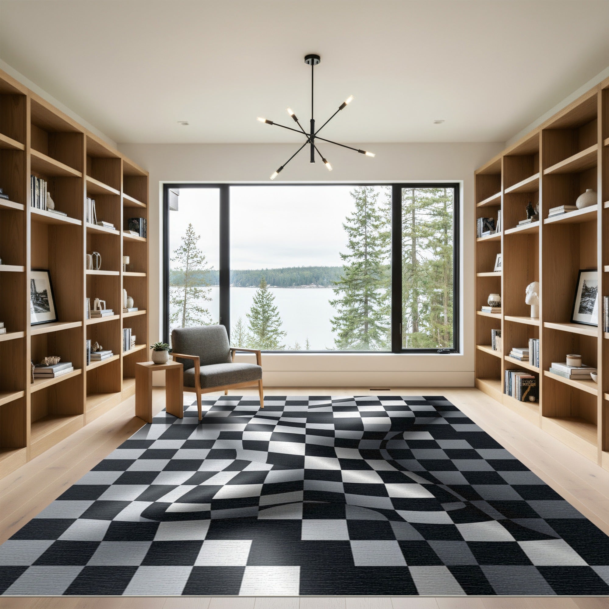 Modern Distorted Black White Checkered Rug