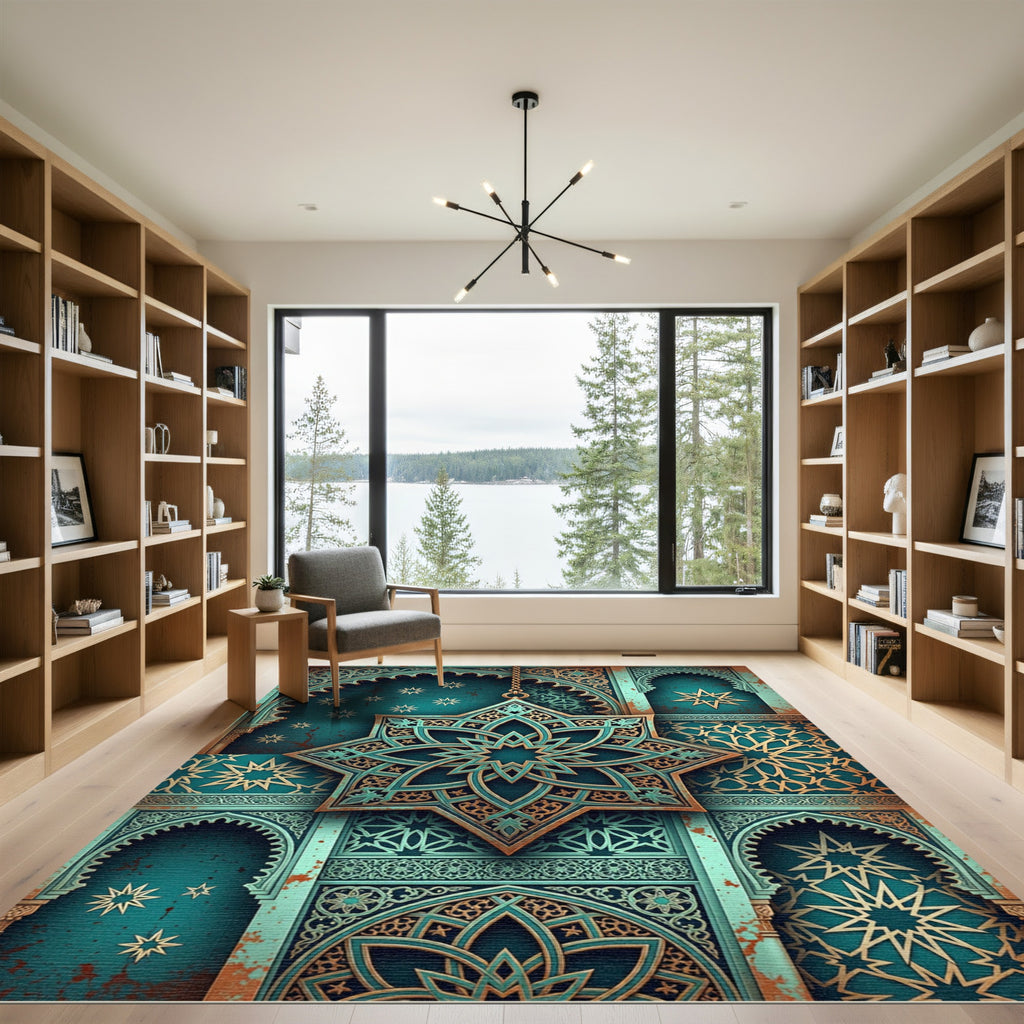Teal And Bronze Geometric Star Tile Rug