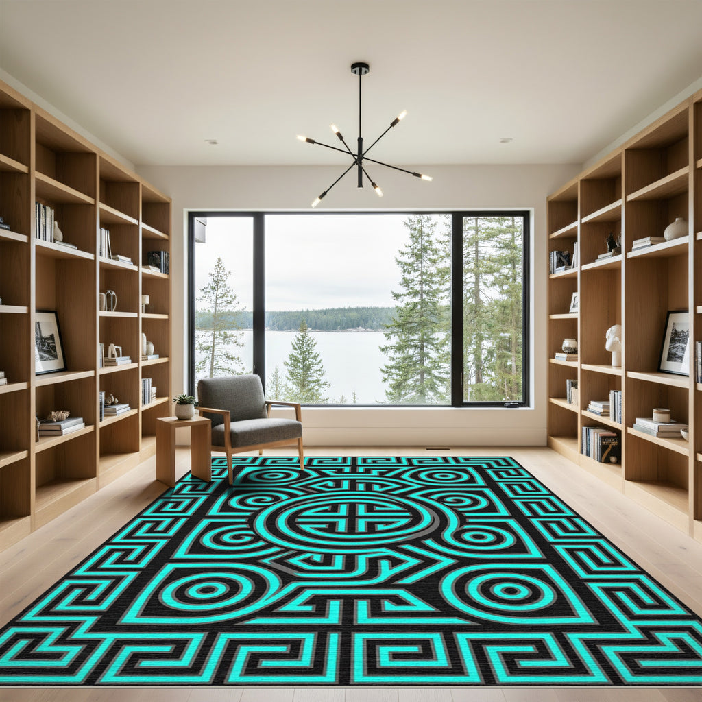 Neon Cyan Geometric Spiral Maze Art Rug
