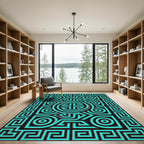 Neon Cyan Geometric Spiral Maze Art Rug