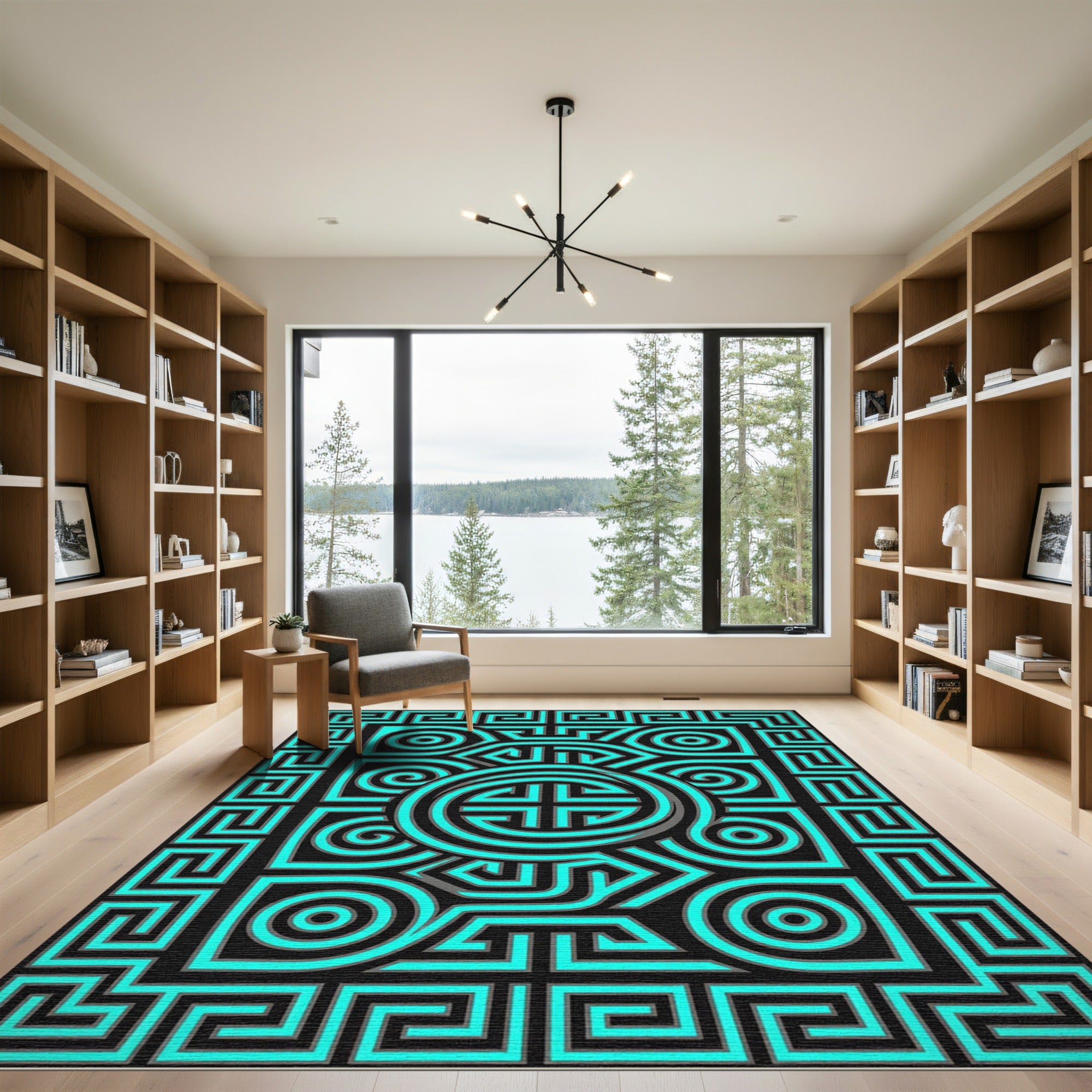 Neon Cyan Geometric Spiral Maze Art Rug