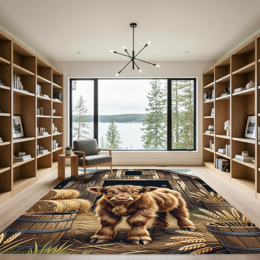Rustic Highland Calf Farmyard Scene Rug