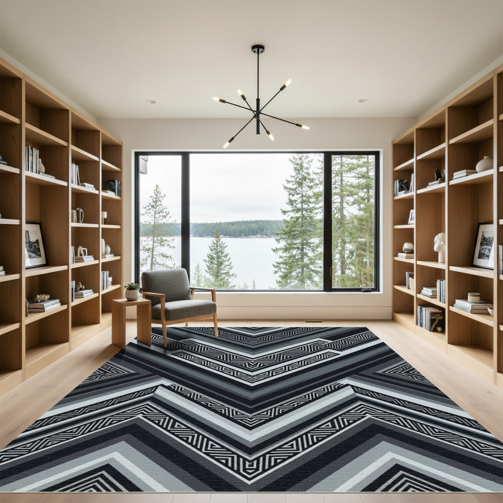 Monochromatic Angular Charcoal Geometric Chevron Rug