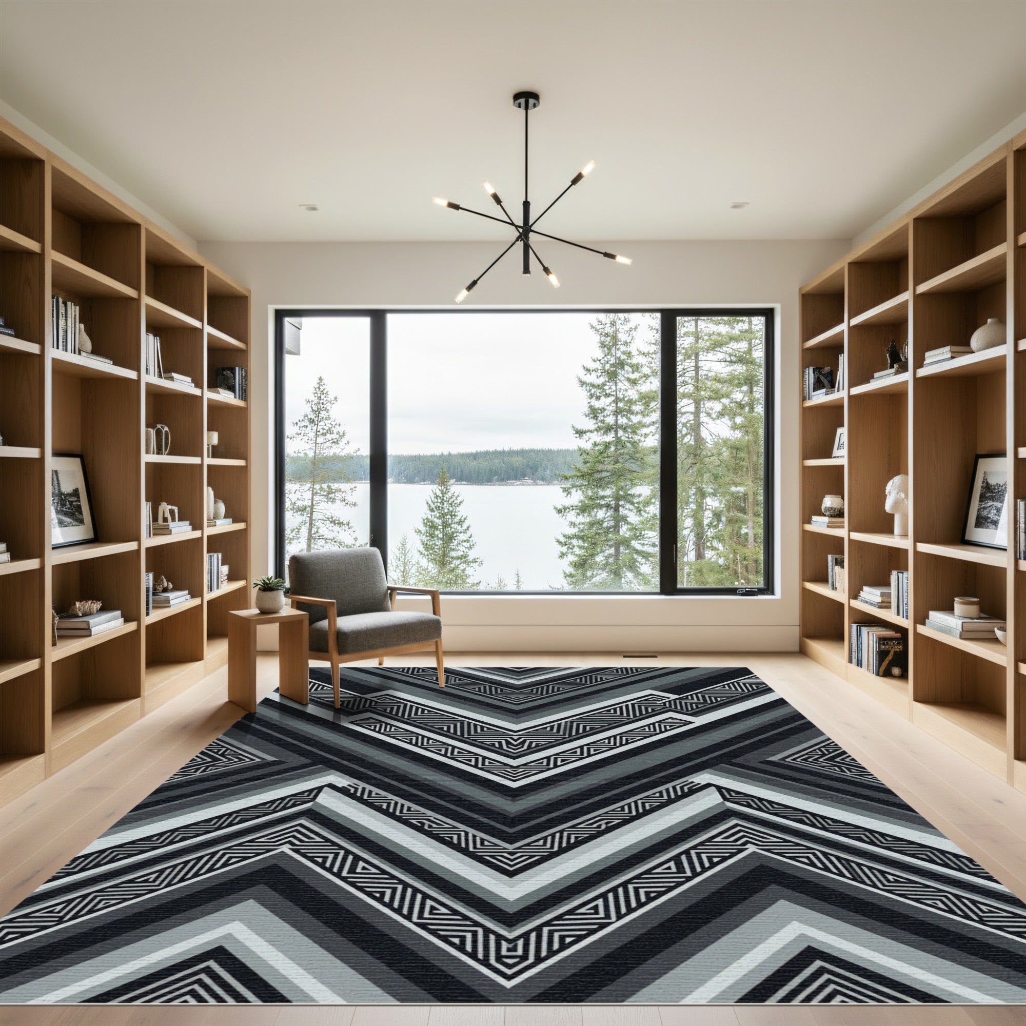 Monochromatic Angular Charcoal Geometric Chevron Rug