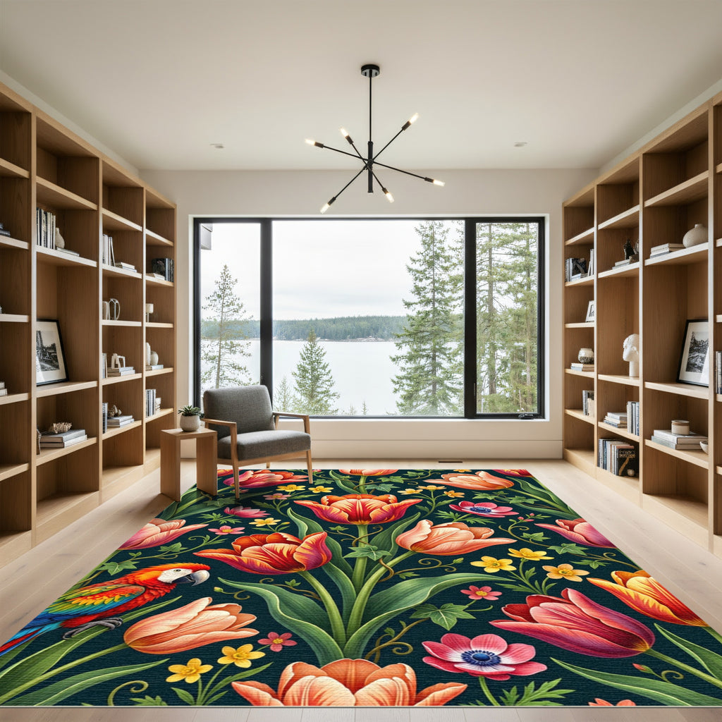Vibrant Tropical Parrot and Tulip Garden Rug
