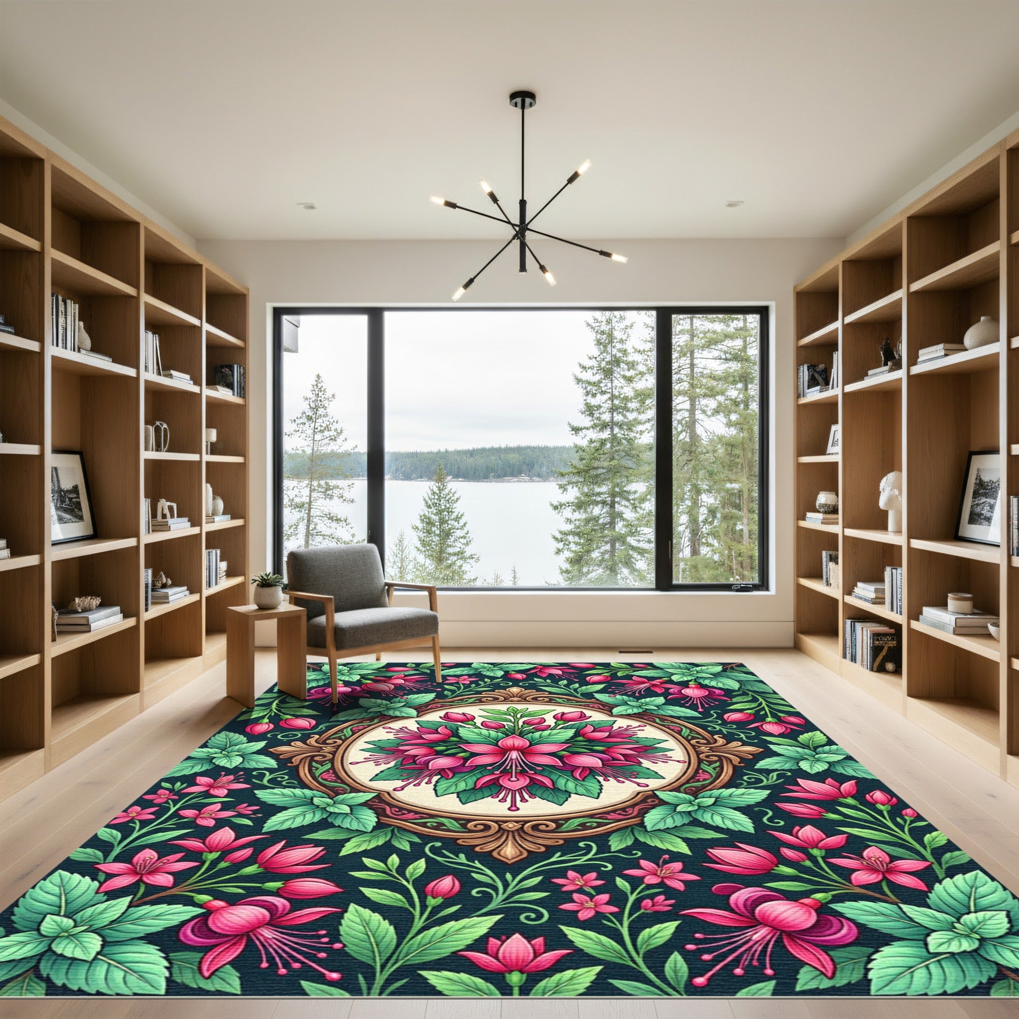 Fuchsia Floral Medallion with Botanical Vining Rug