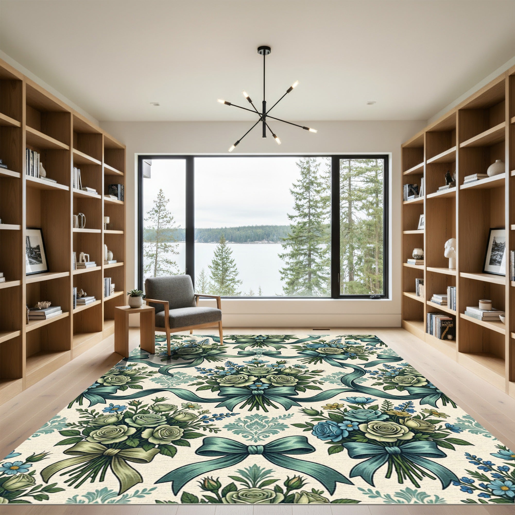 Cream and Teal Floral Ribbon Arrangement Rug