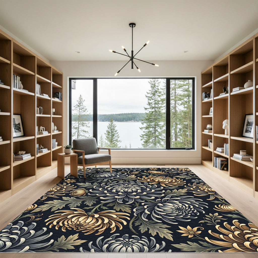 Elegant Gold and Slate Chrysanthemum Floral Rug