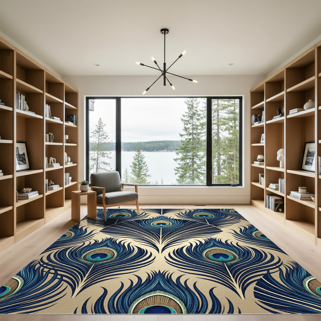 Art Deco Peacock Feather Gold Blue Rug