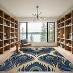 Art Deco Peacock Feather Gold Blue Rug