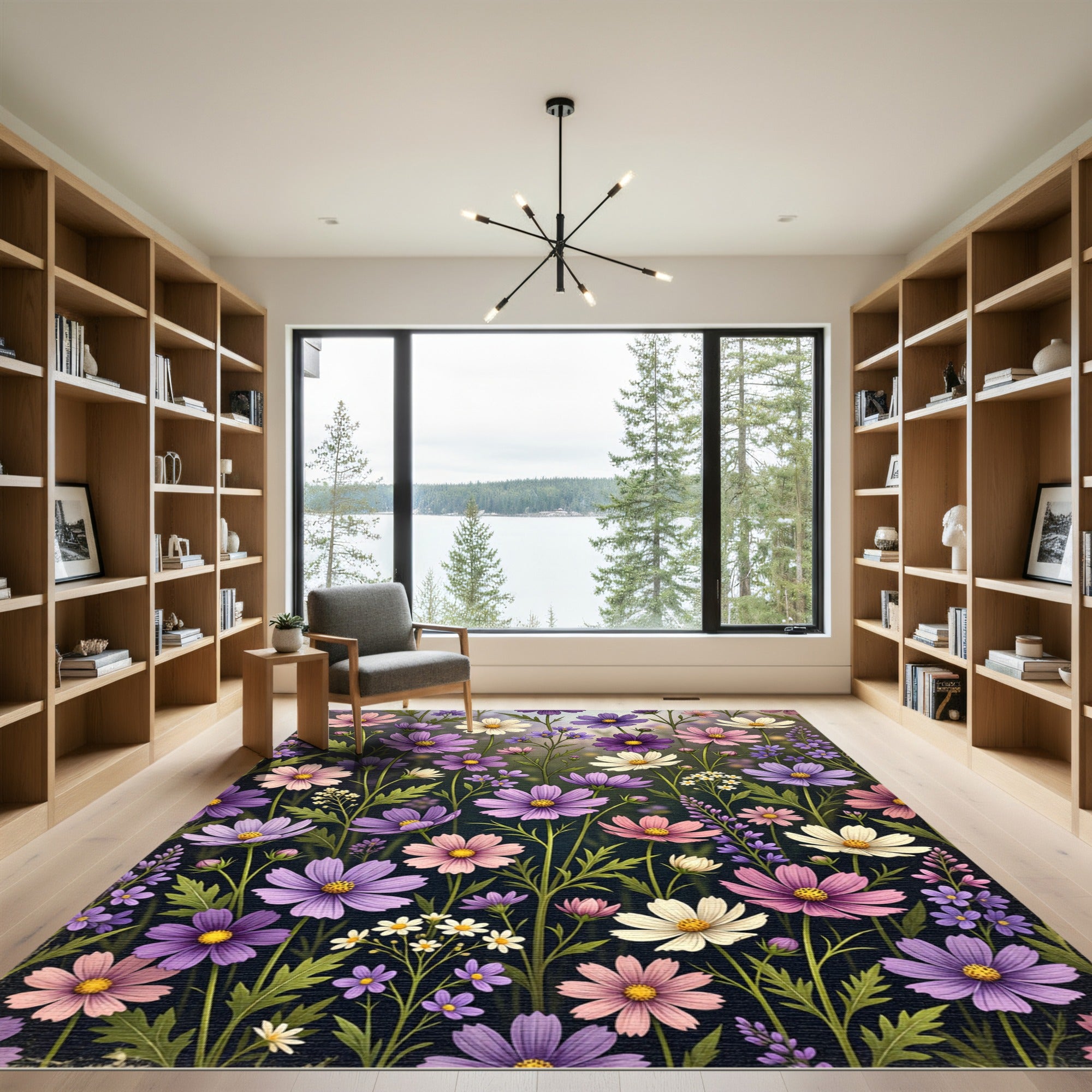 Vibrant Purple Pink Cosmos Floral Meadow Rug