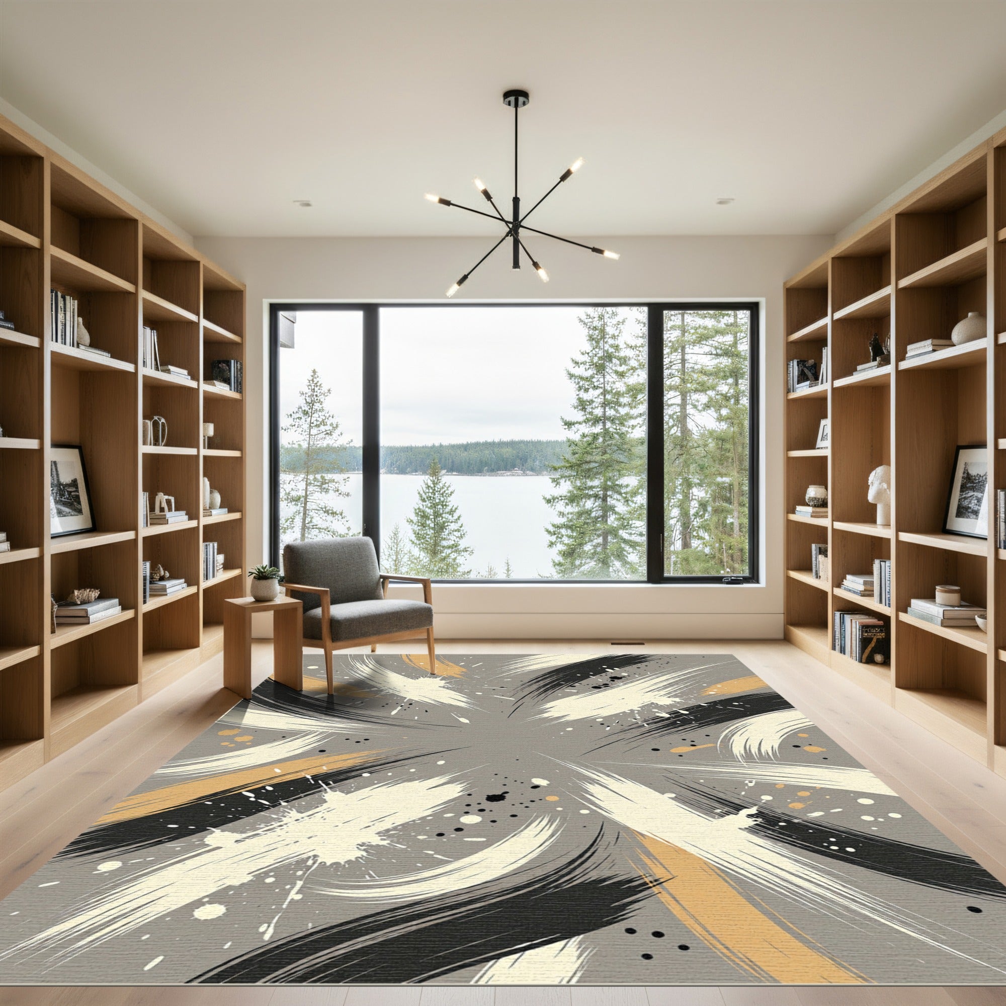 Dynamic Swirls Black Off White Gold Rug