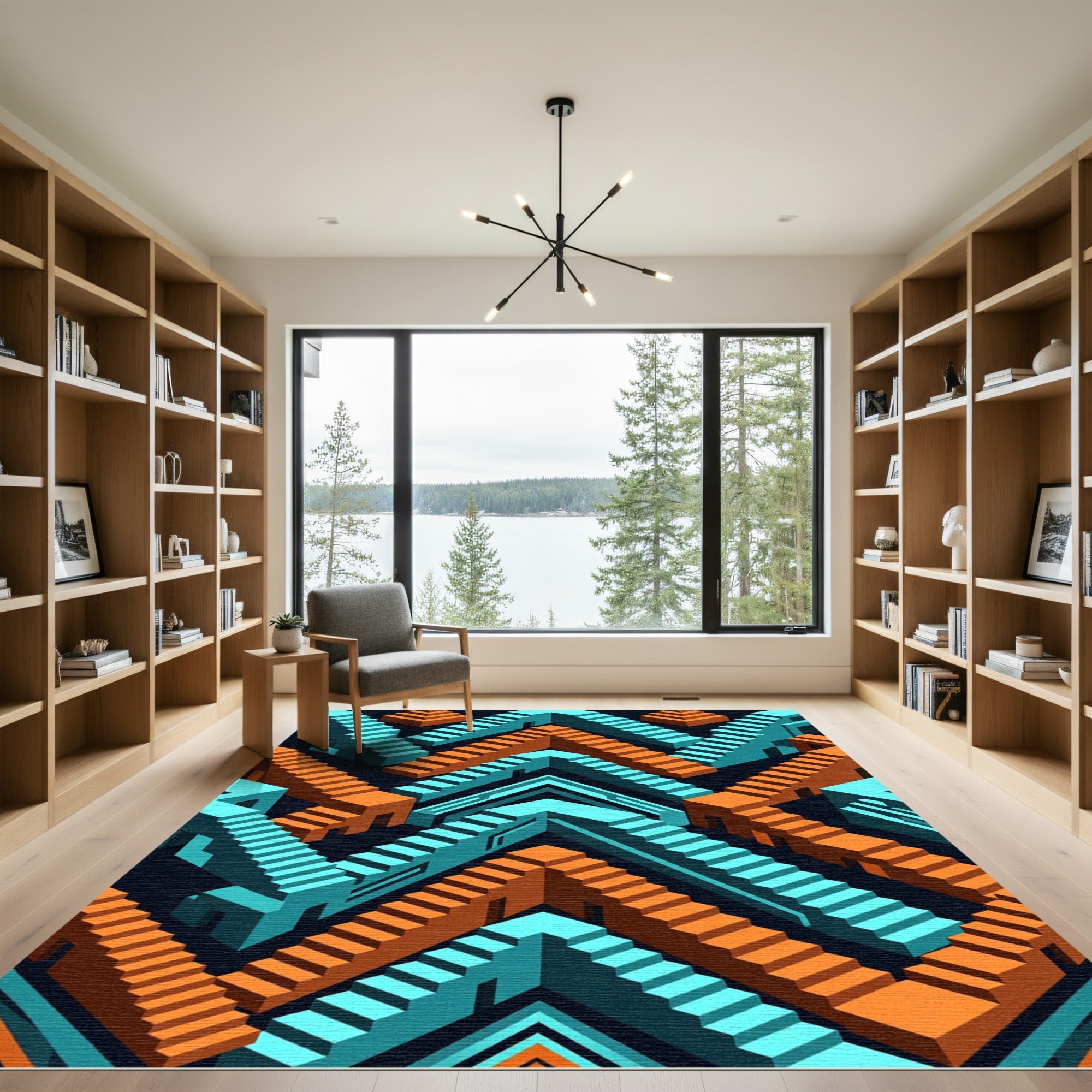 Geometric Isometric Teal and Orange Steps Rug