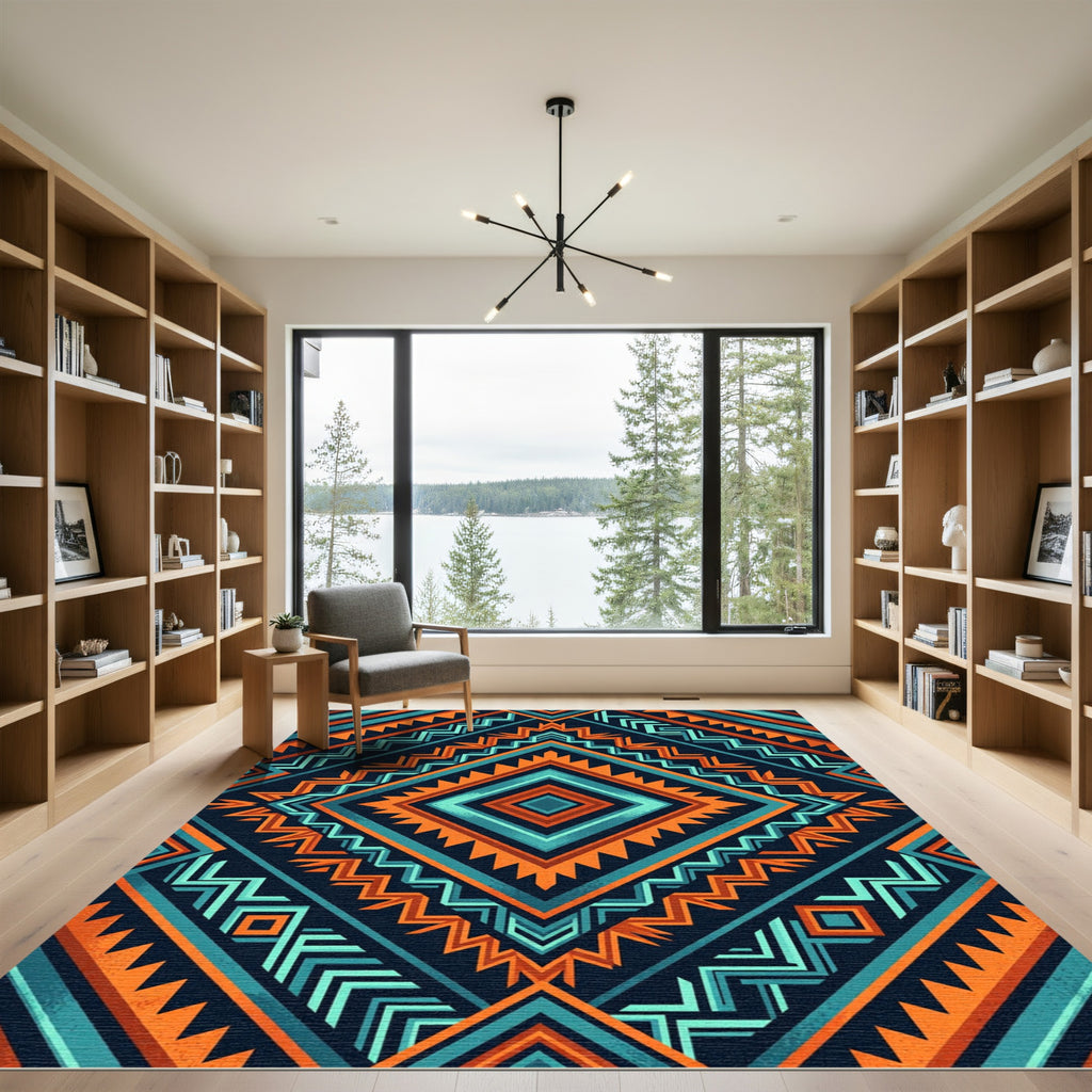 Bold Teal Orange Geometric Diamond Rug