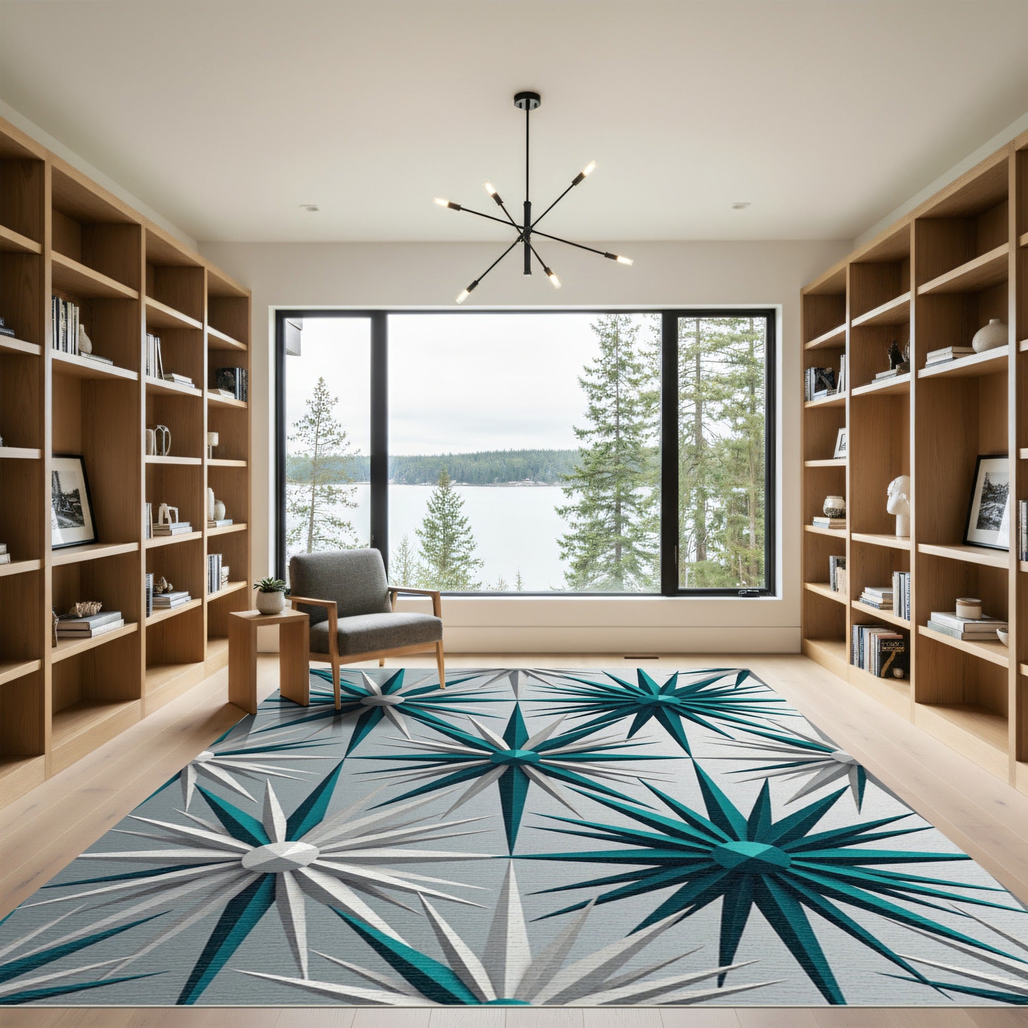 Aqua White Starburst Geometric Collage Rug