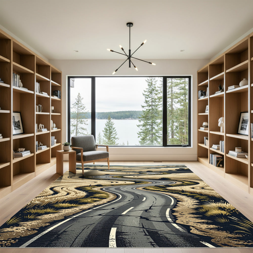 Winding Country Road Wheat Field Landscape Rug