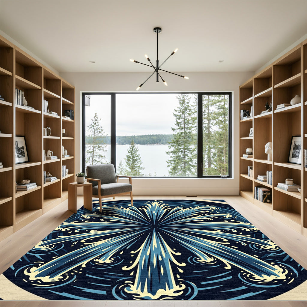 Radiant Blue Fountain Burst Circular Art Rug
