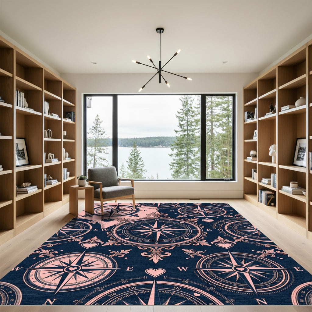 Dark Blue Pink Compass Rose Rug