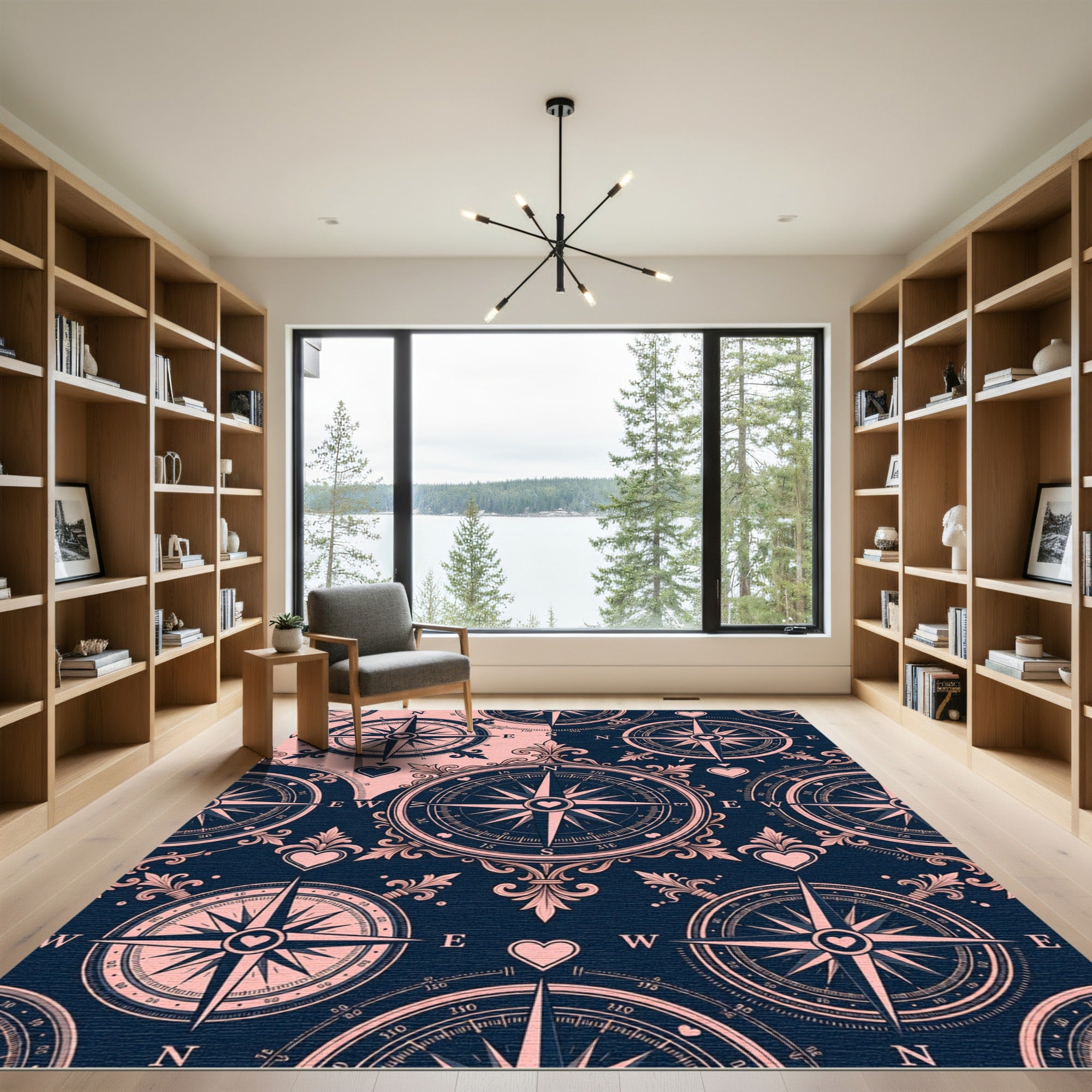 Dark Blue Pink Compass Rose Rug