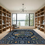 Navy Floral Chrysanthemum Medallion Tapestry Rug