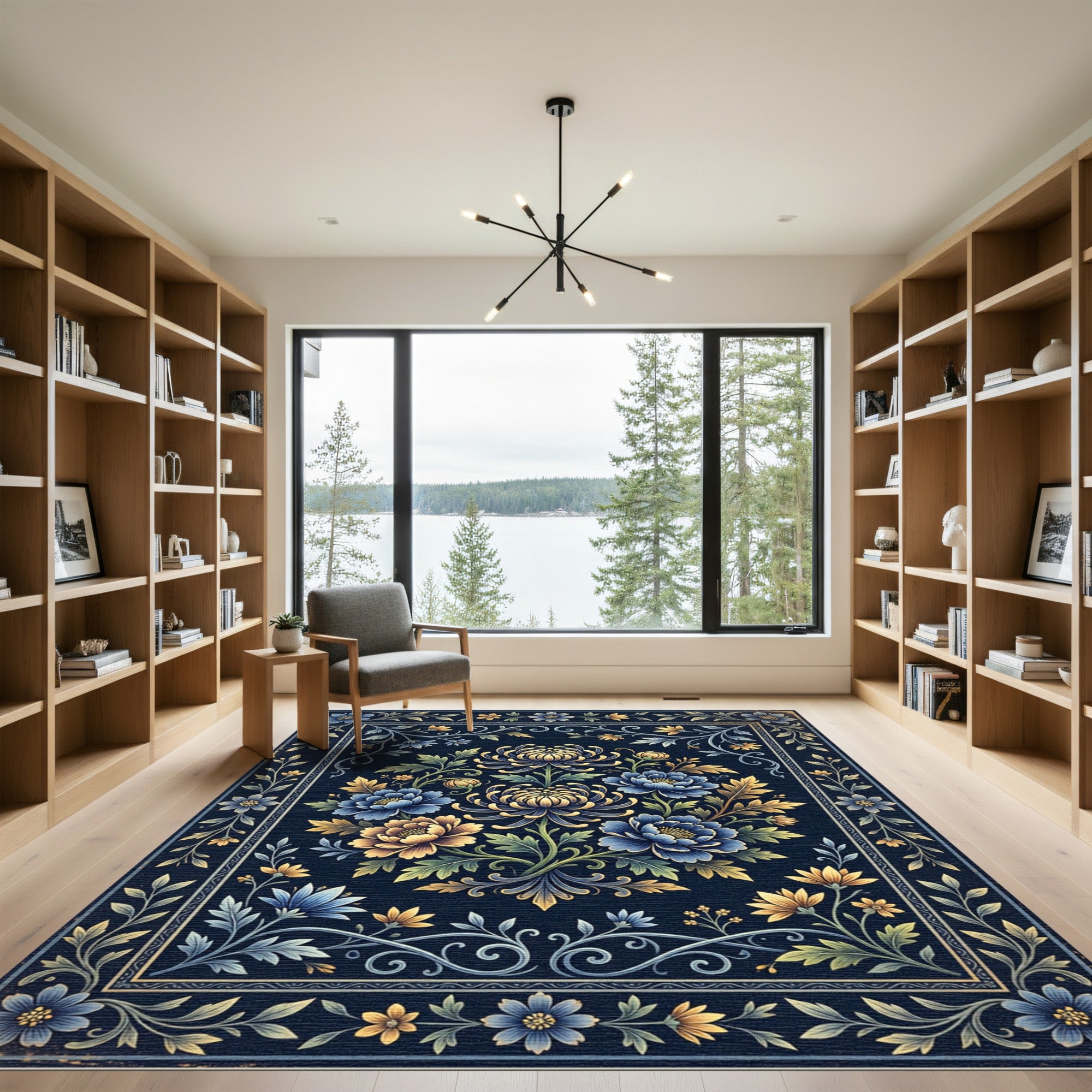 Navy Floral Chrysanthemum Medallion Tapestry Rug