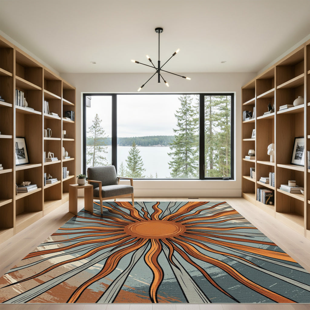 Retro Sunburst Orange Blue Rug