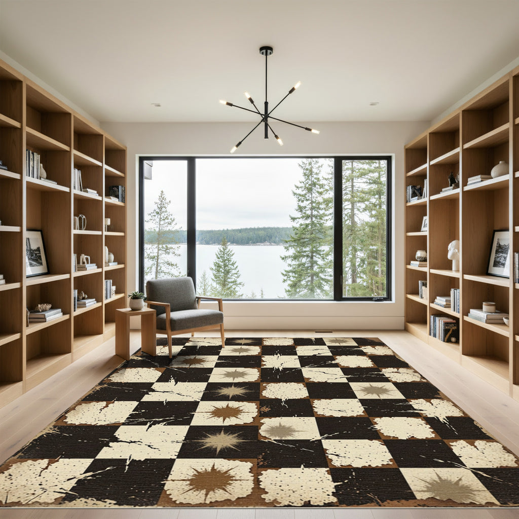 Distressed Monochrome Grid and Star Rug
