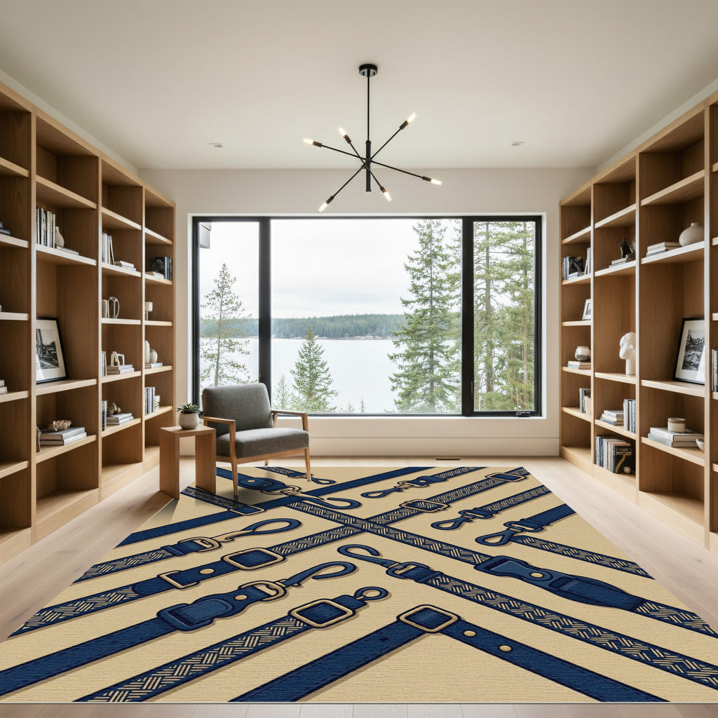 Navy Geometric Braided Strap Grid Rug