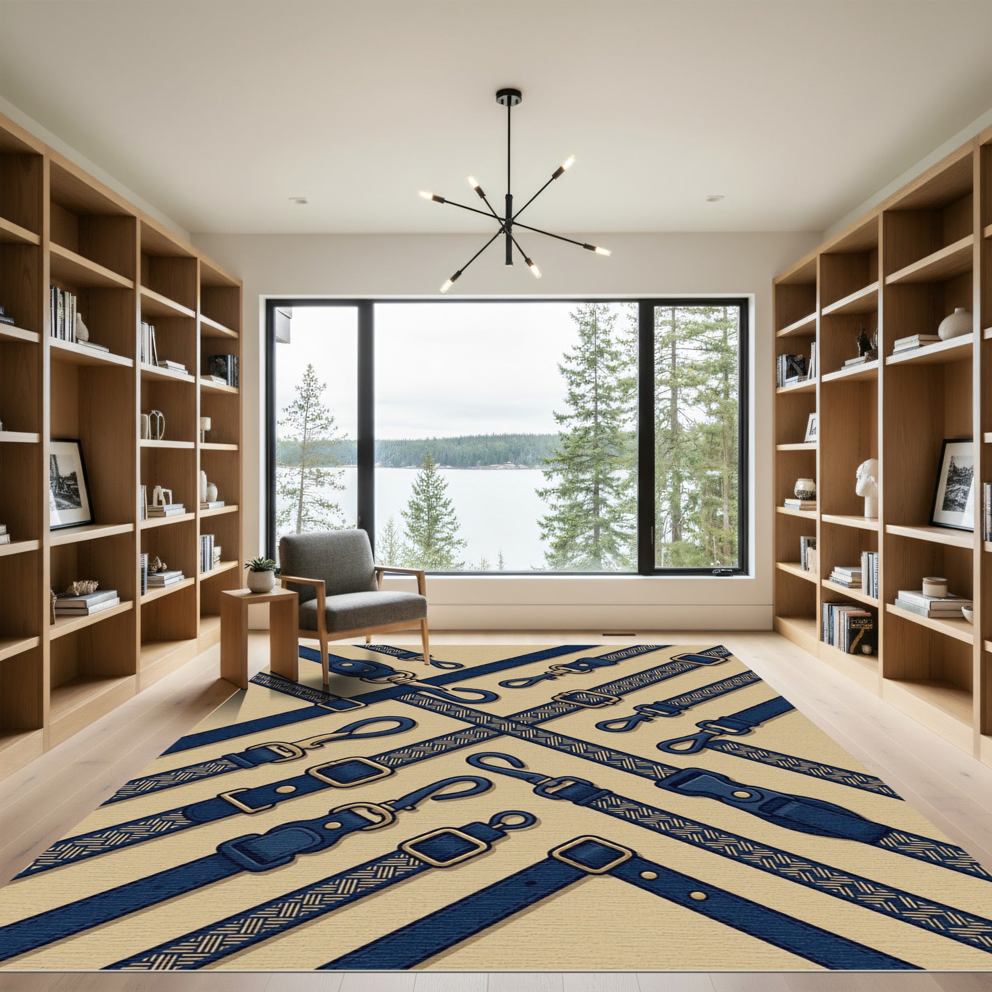 Navy Geometric Braided Strap Grid Rug