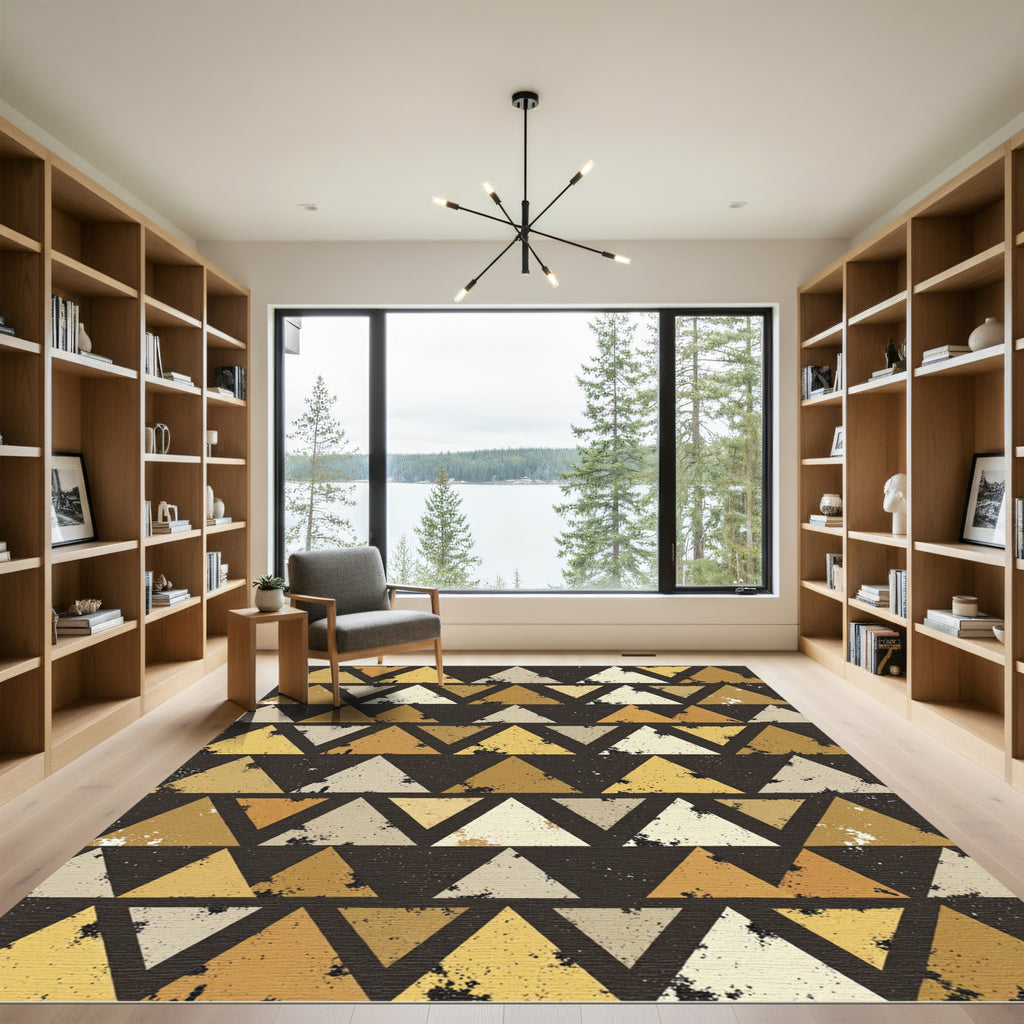 Distressed Golden Geometric Triangle Art Rug