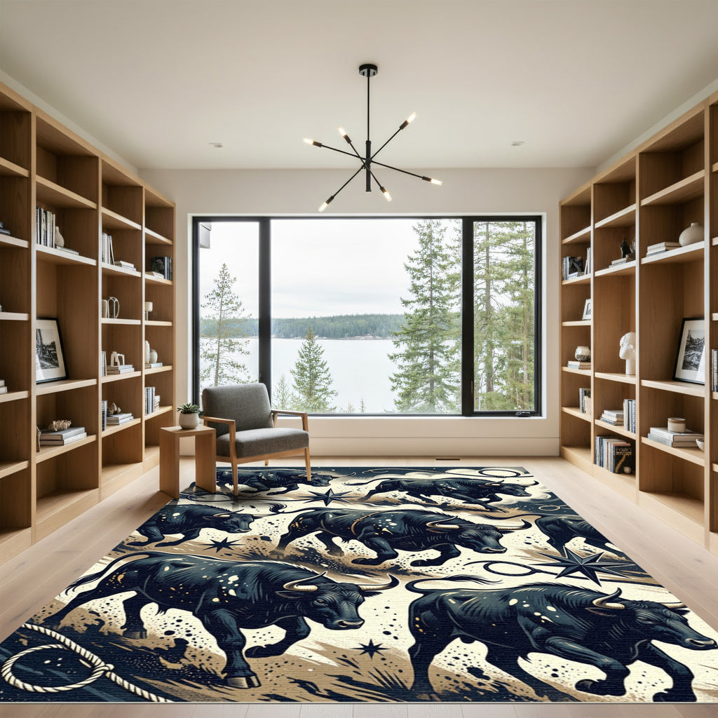 Ink Black Bull Southwest Rope Star Rug