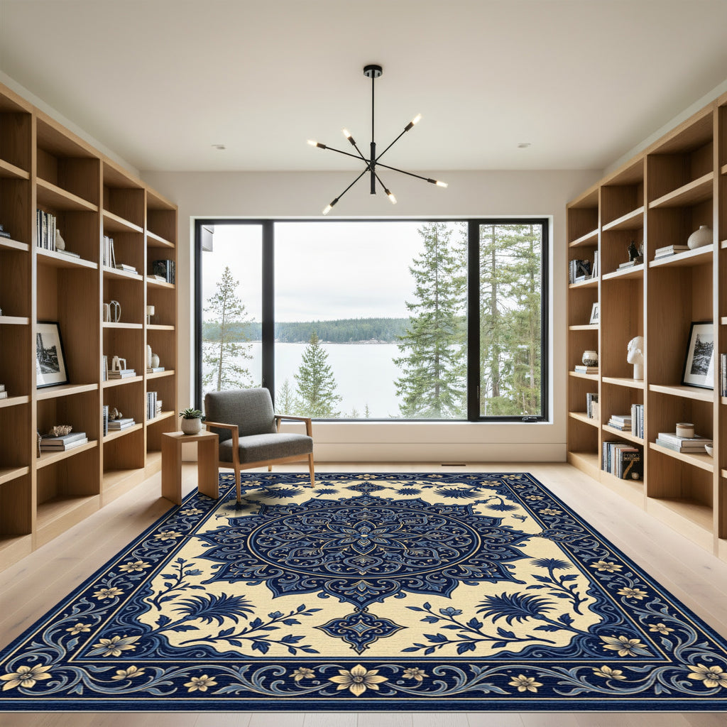 Deep Blue Floral Medallion Border Rug