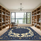 Deep Blue Floral Medallion Border Rug