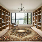 Ornate Golden Fleur-de-lis Rose Scrollwork Rug