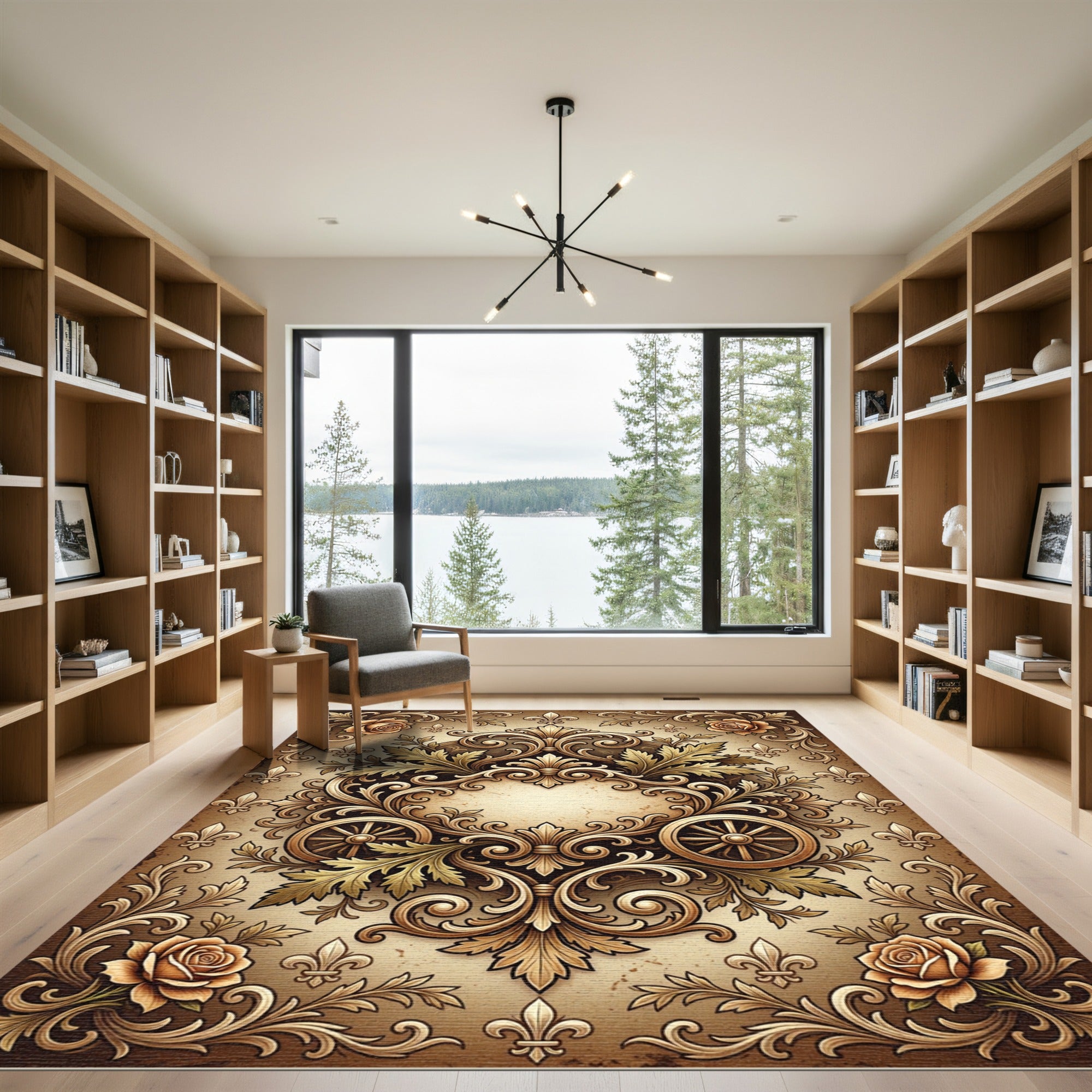 Ornate Golden Fleur-de-lis Rose Scrollwork Rug