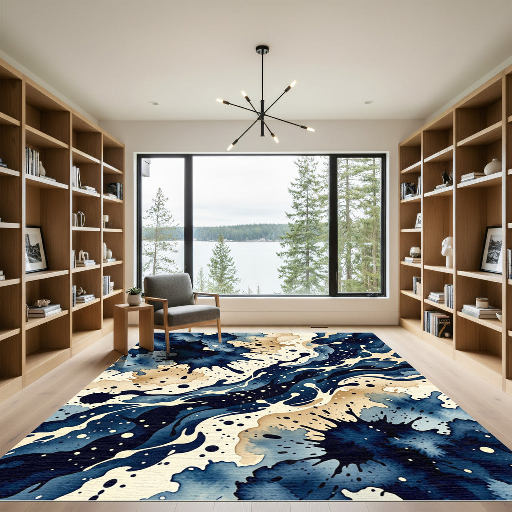 Deep Blue Ink Splash Watercolor Rug