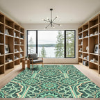 Teal And Beige Lattice Flower Rug