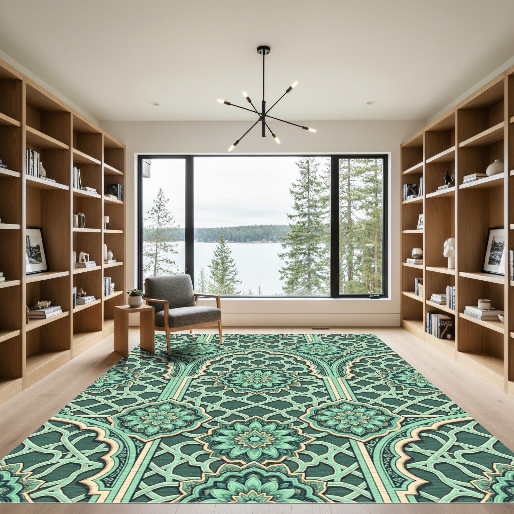 Teal And Beige Lattice Flower Rug