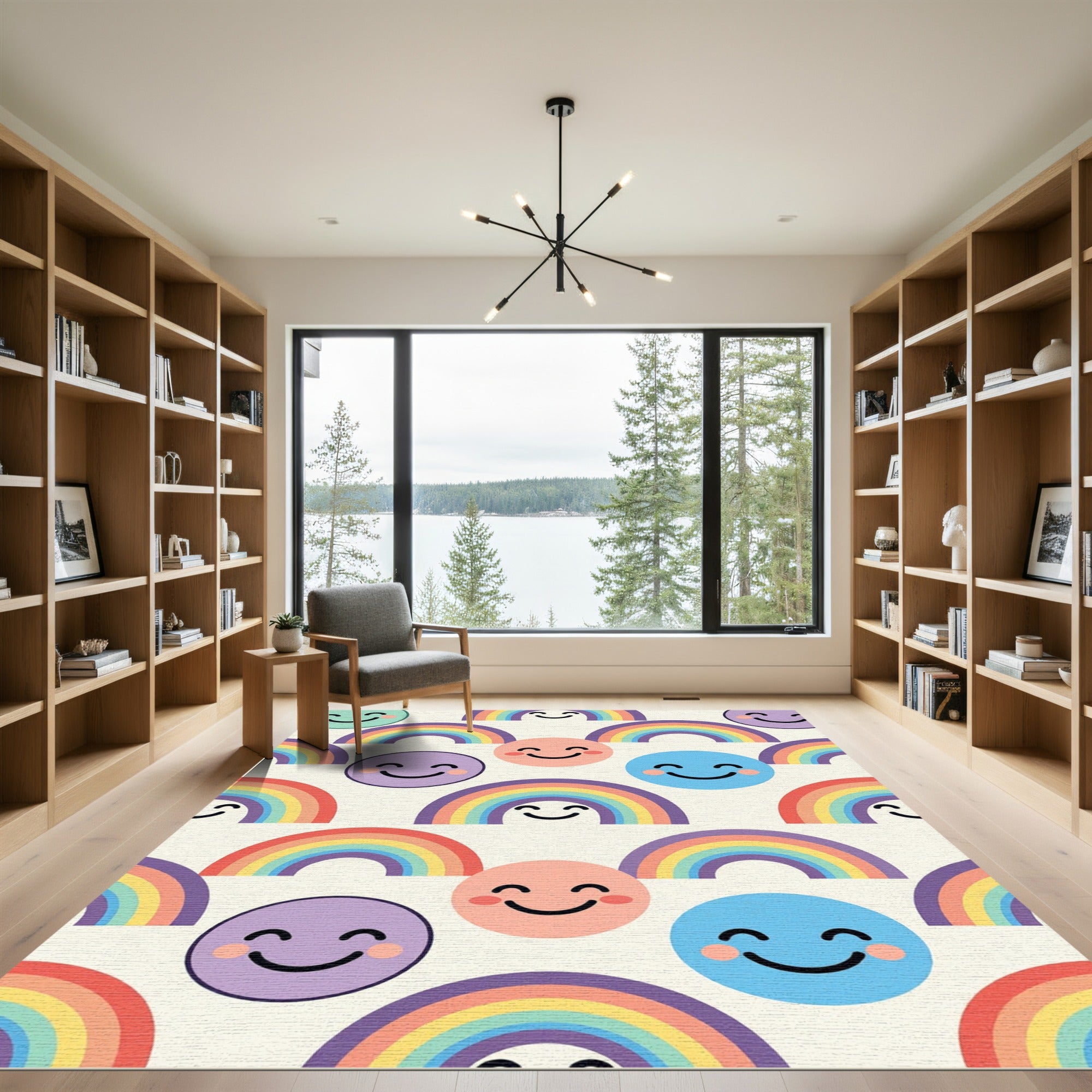 Cheerful Pastel Rainbow and Smiley Face Rug