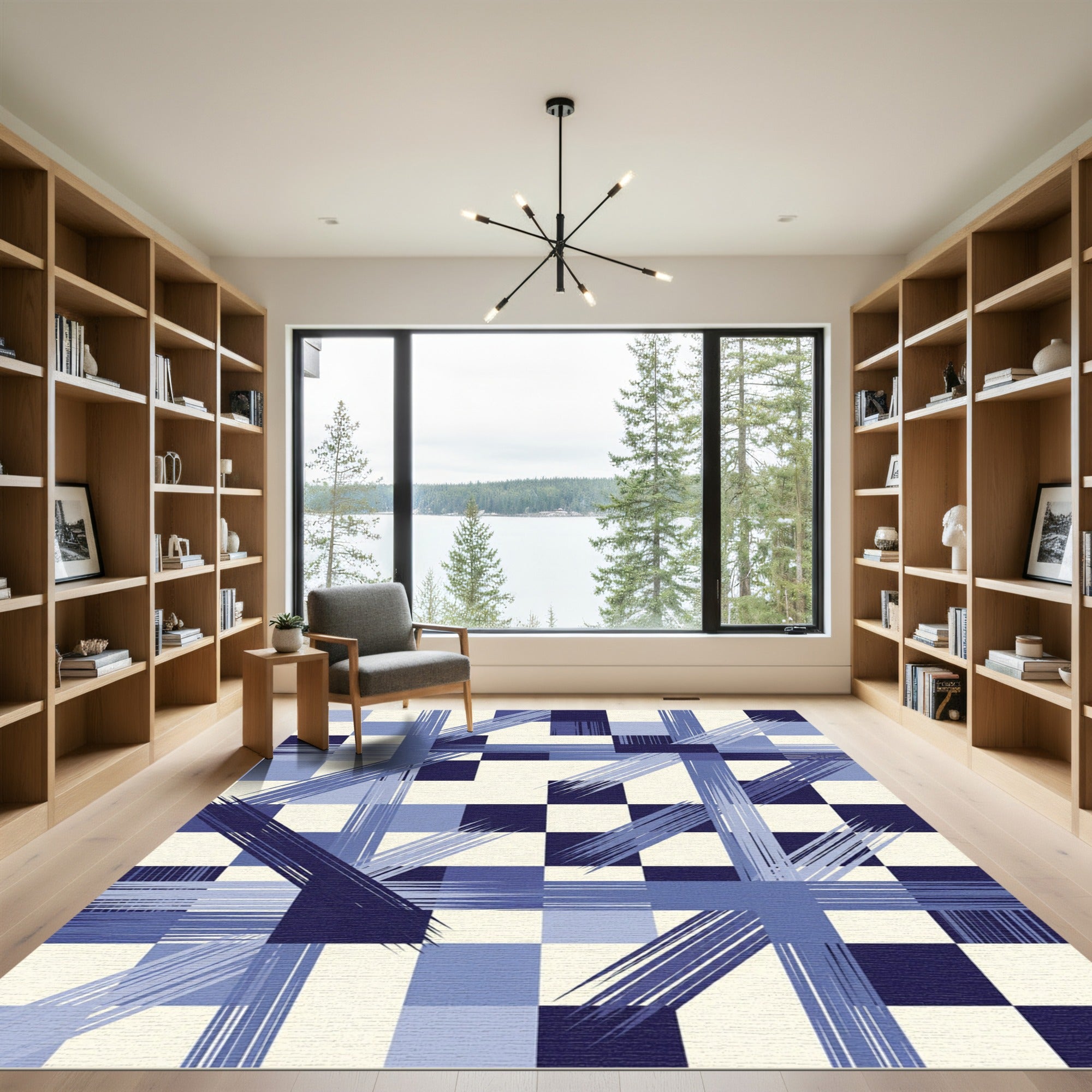 Modern Navy Blue Geometric Ink Grid Rug