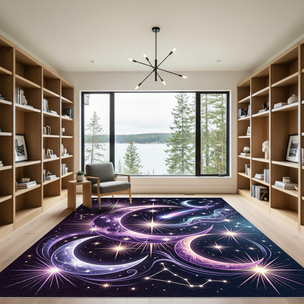 Celestial Purple Lunar Crescent Starry Sky Rug