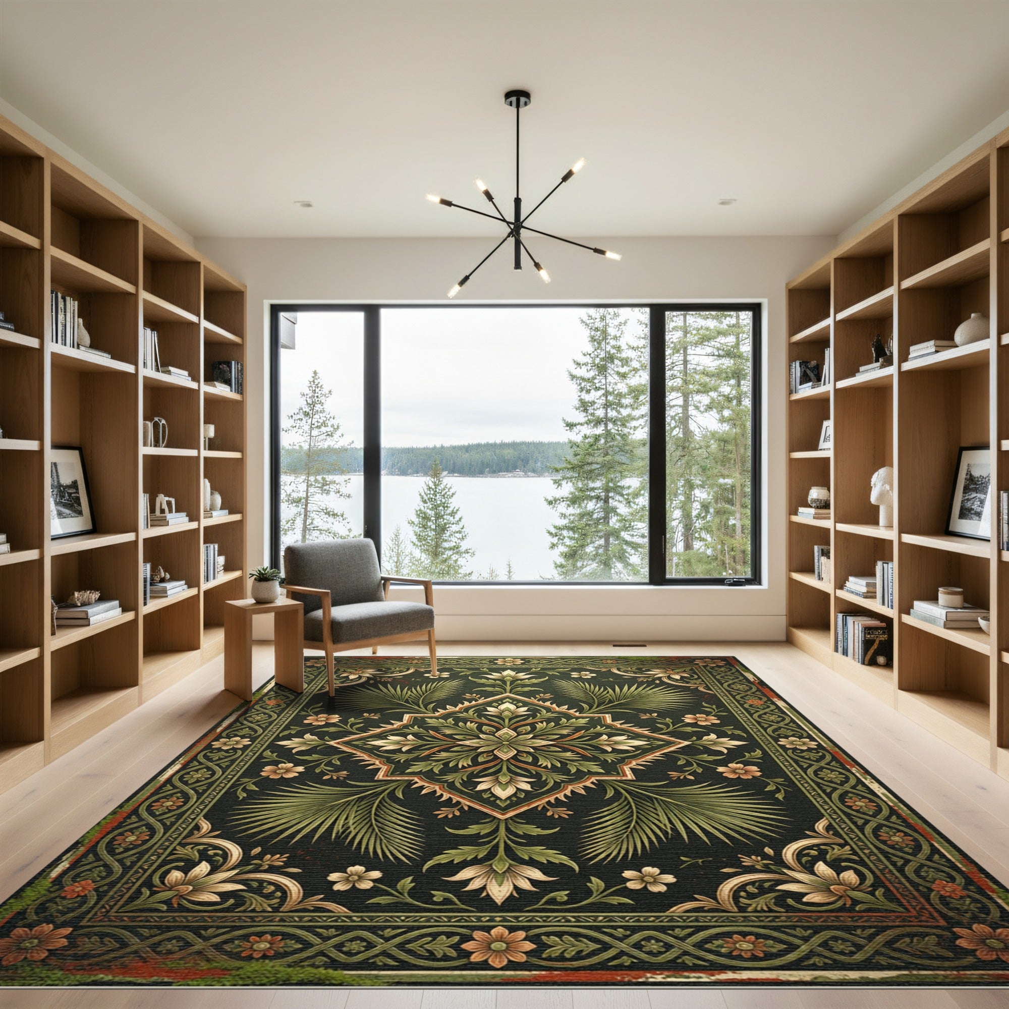 Elegant Dark Green Botanical Medallion Rug