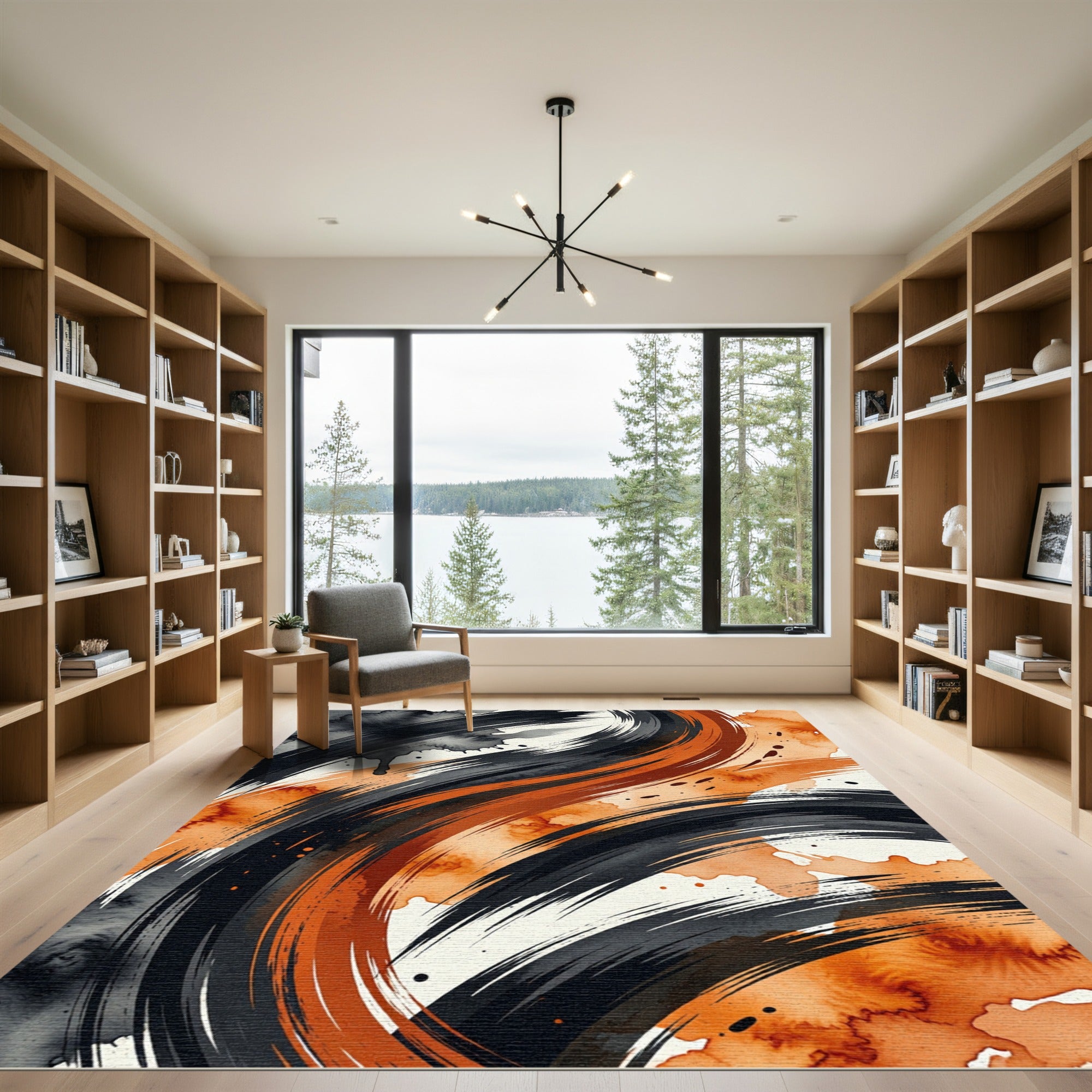 Dynamic Black Orange Swirl Brushstrokes Rug