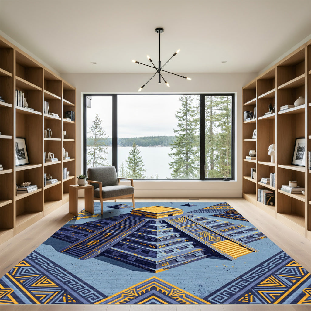 Golden Aztec Pyramid Celestial Navy Statement Rug